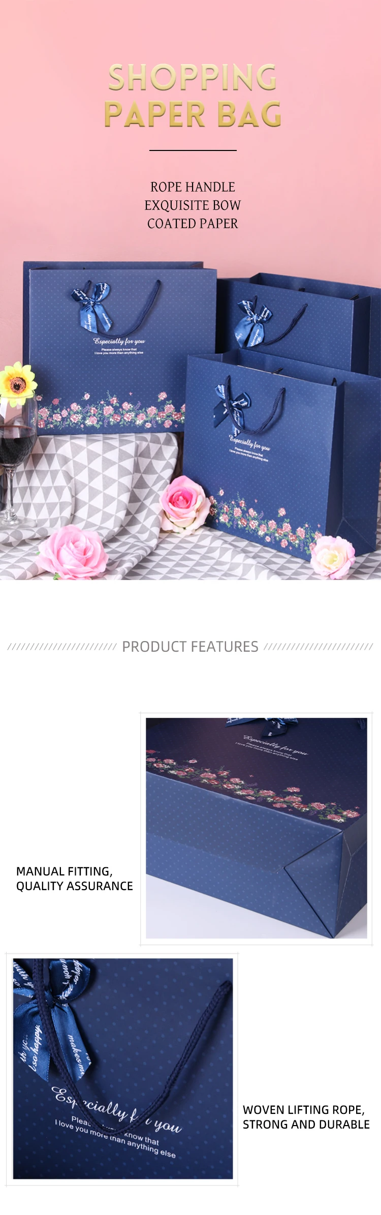 Luxury Brand Custom Logo Gift Paper Bag For Clothes Blue Matte Garment