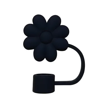 Pop Cute Black Silicone Flowers Straw Toppers Food Grade 10mm 0.4in Reusable Tumbler Party Accessories Tips Cap Straw Cover Cap