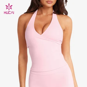 Custom logo Ladies Skinny  Sexy Deep V Neck Halter Removable Pads Bra Slim Fit Workout Training Yoga Gym Crop Tank Top Women
