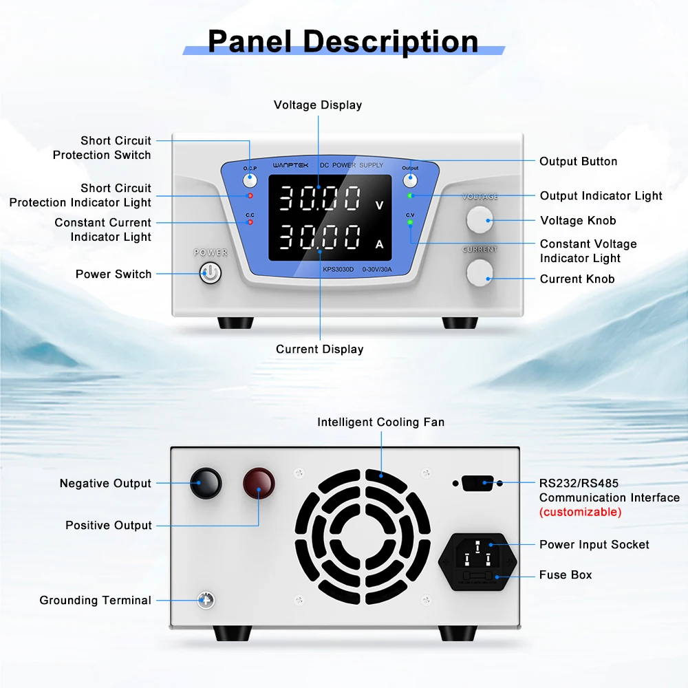 Wanptek 고전력 조정 가능한 DC 전원 공급 장치 15V/60A 900W 프로그래밍 가능한 전압 조정기 실험실, DIY 매뉴얼