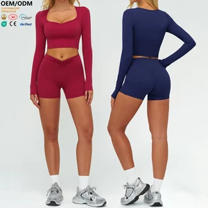 XW-TZ9313-6 Long Sleeve Gym Clothing Activewear Breathable Sports Top Shorts Fitness Women Solid Pattern 2 Piece Yoga Wear Set