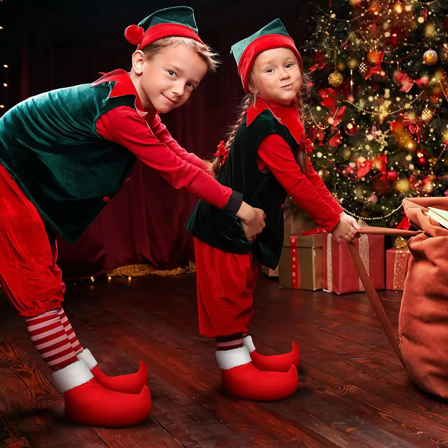 Red Green Elf Shoes - Red And Green Velvet Holiday Elf Feet Slippers With Jingle Bells For