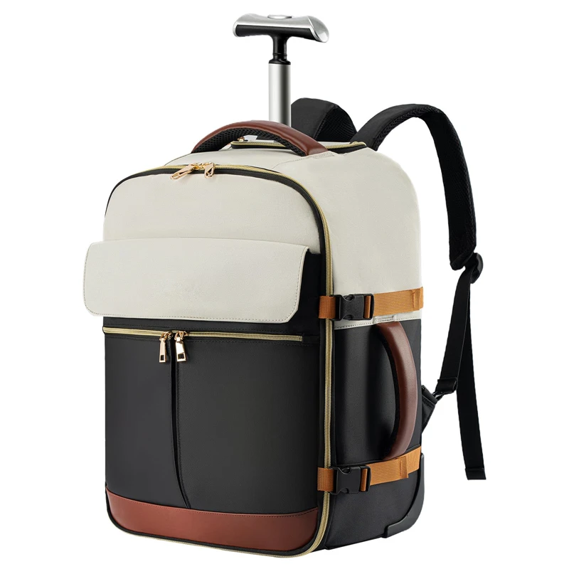 Versatile Waterproof PU Backpack with USB Charging Port Hidden Trolley Underseat Rolling Laptop Wheels for Travel Everyday Use