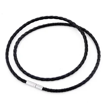 3mm hot selling mens braided leather necklace with stainless steel spinner clasp