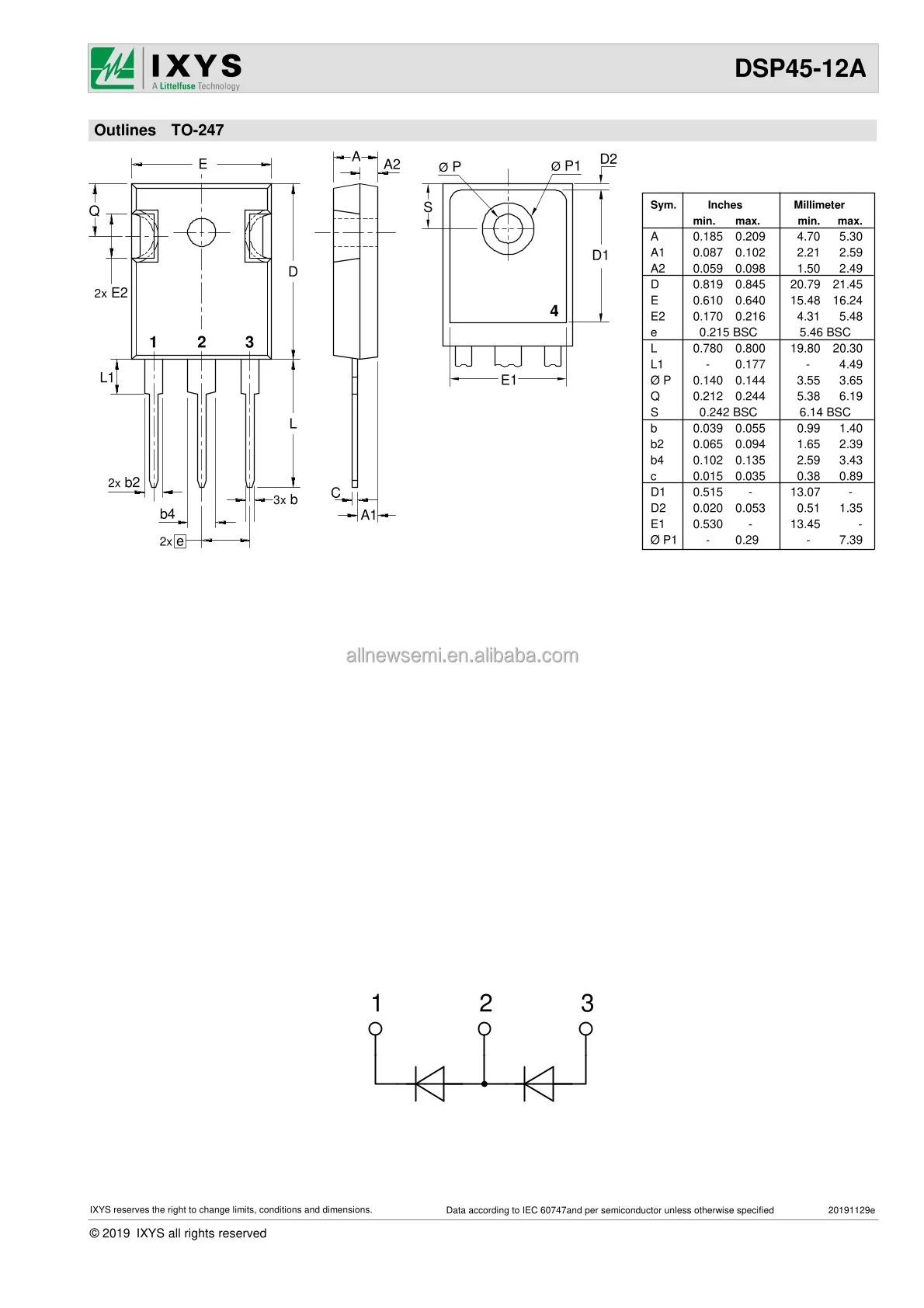 Hot sale Original DSP45-12A Rectifiers Diode Arrays 1200V 45A TO247AD Diode Array 1 Pair Series Connection Through Hole TO-247-3