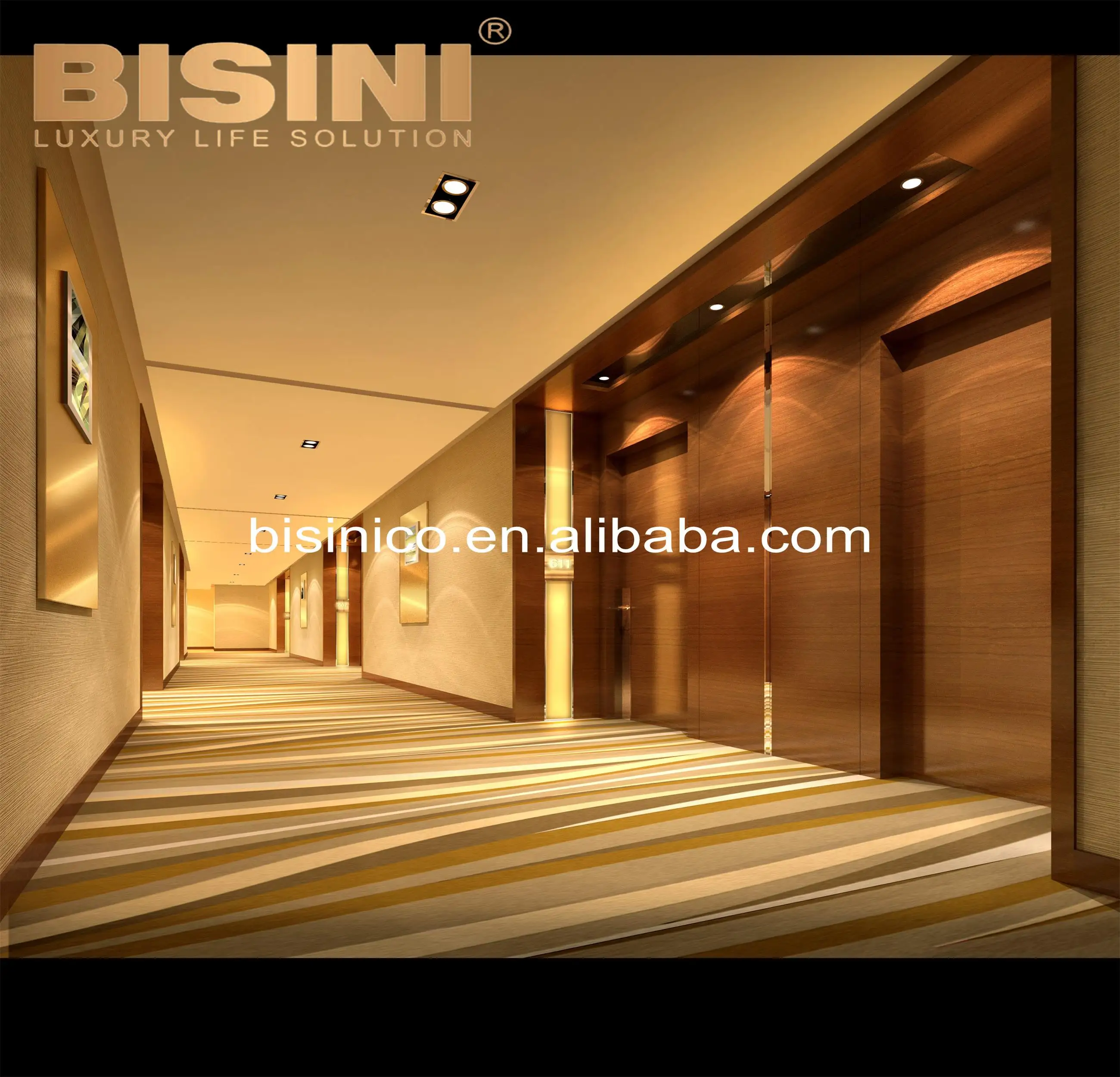 
 Современный коридор отеля, 3D изображение интерьера и экстерьера из полных материалов  