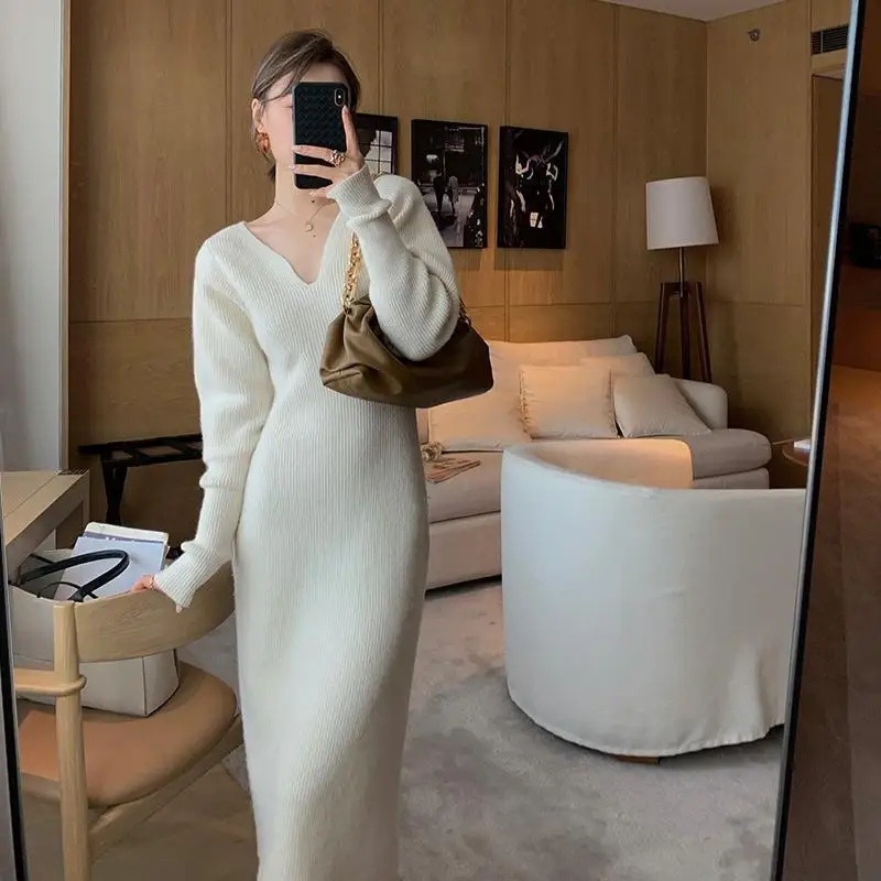 Fall Luxury White Knit Dress Polyester 