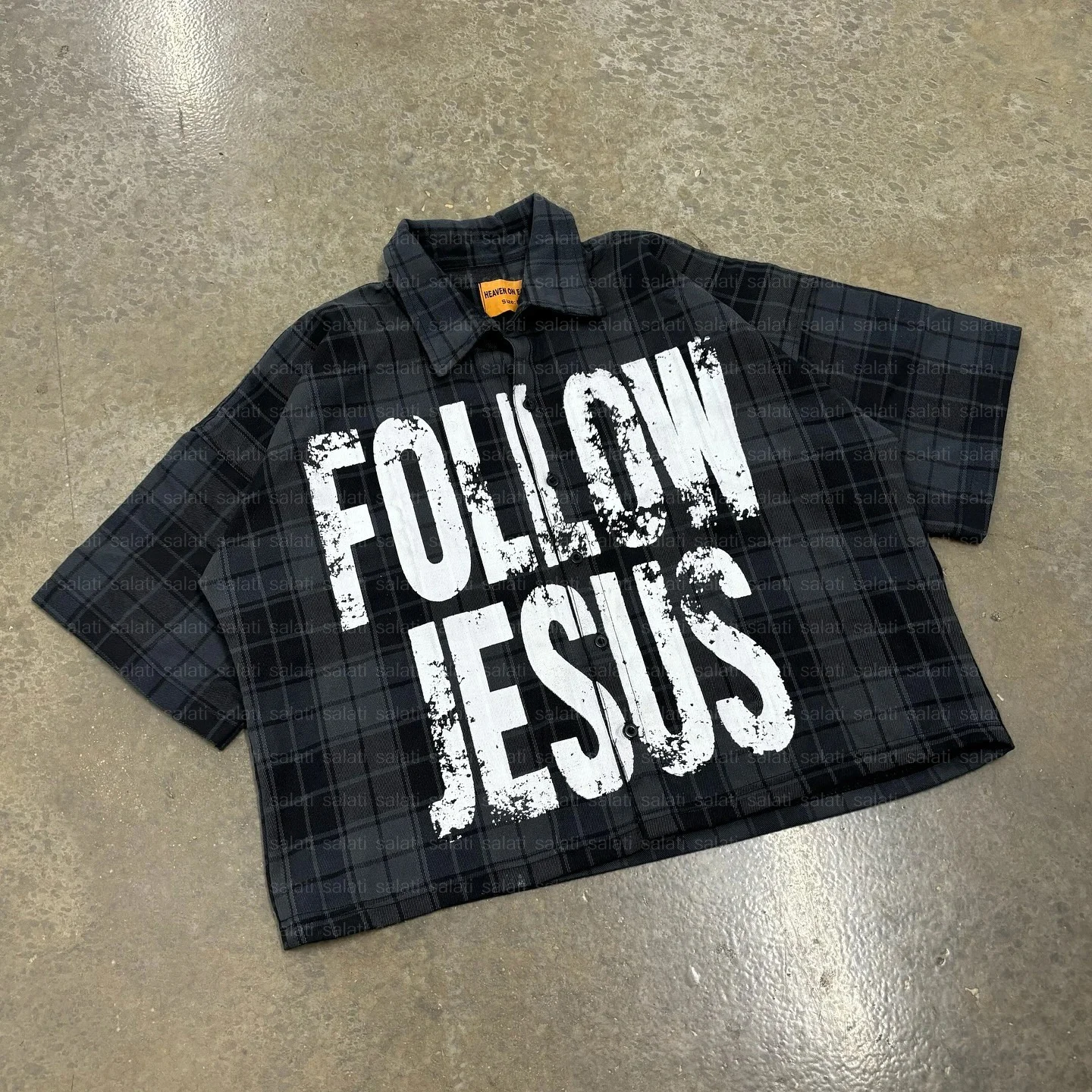 Custom High Quality Boxy Oversize Short Sleeve Screen Print Collar Button up Checkered Plaid Flannel T-Shirt Cropped T Shirt Men gallery 4