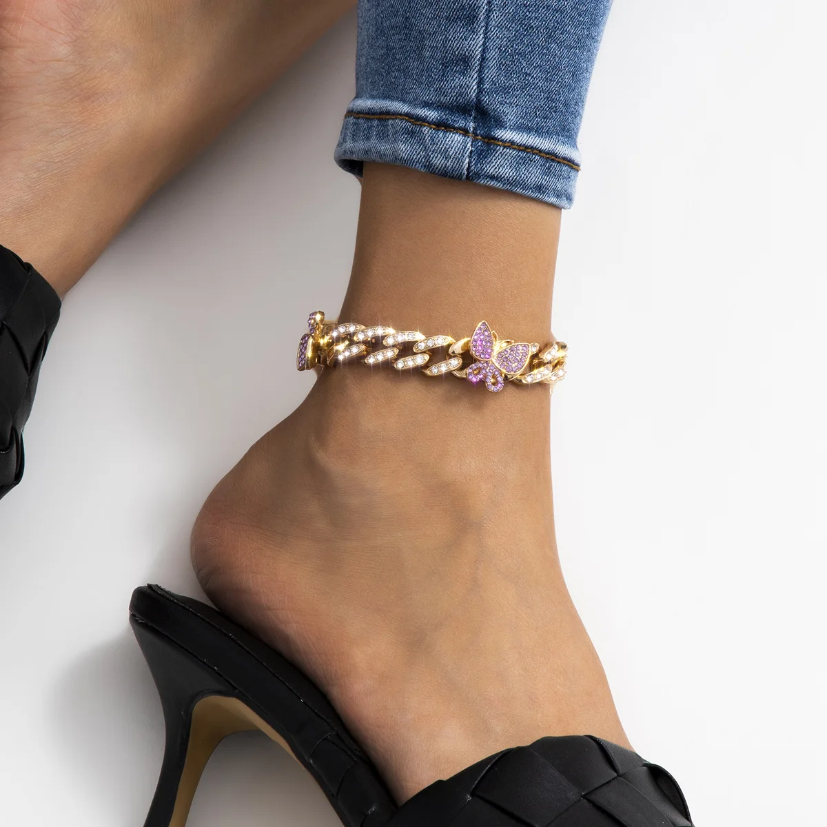 2021 Ins Hot Gold Silver Shinny Rhinestone Anklet Cuban Chain with