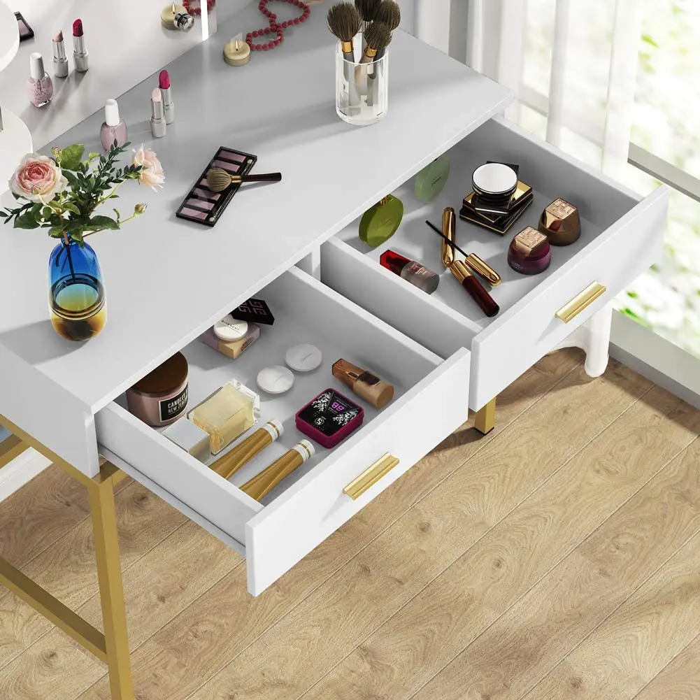 Unique Symmetrical Design Led Light Mirror Golden Iron Frame Simple Iron Dressing Table