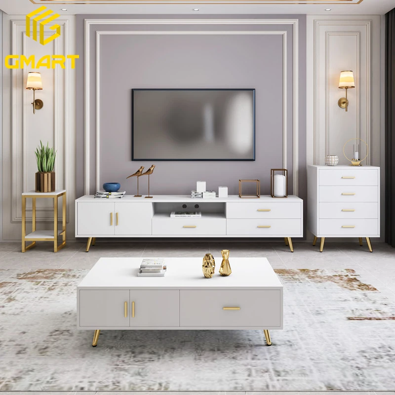 Gmart Classic Latest Designs Furniture Set Leather Upholstery Wooden Modern Led Lighting Tv Stand Cabinets Table