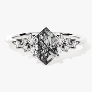 Natural Black Rutilated Quartz Engagement Ring Tourmalinated Quartz Hexagon Cut Women Wedding Jewelry Sterling Silver Fine Ring