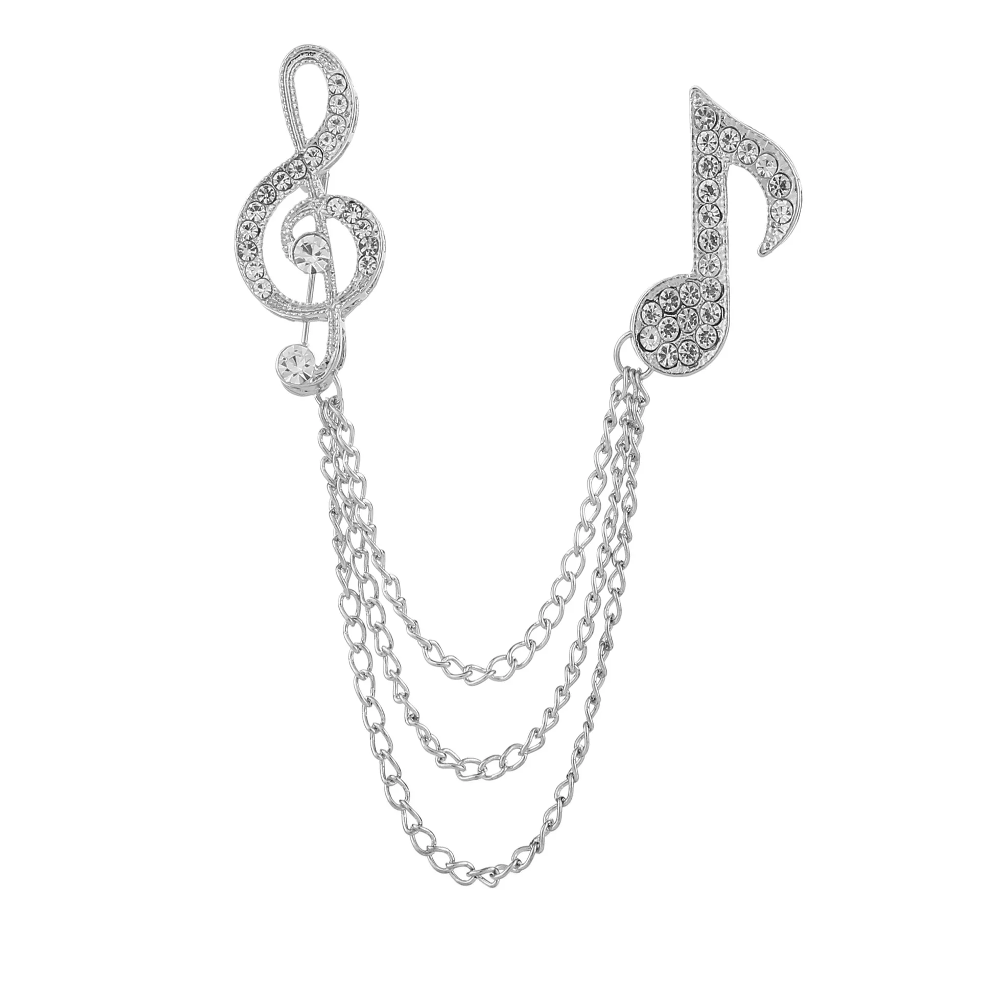 ROMANTIC Customize Badge Men Pin Brooch with Chain Suit Gold Silver Musical Note Crystal Chain Brooch
