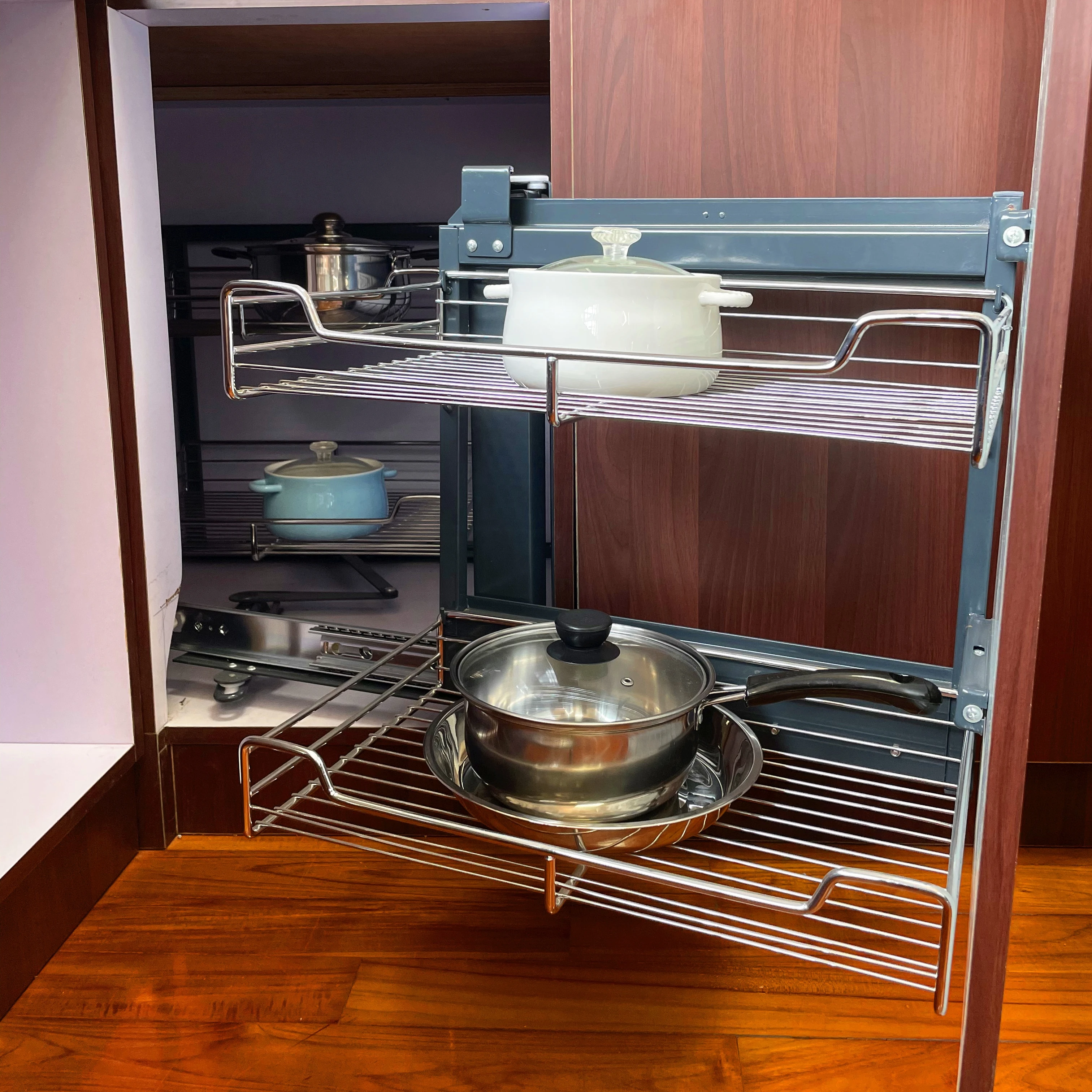 Corner Cabinet Pullout with Hidden Wire Baskets