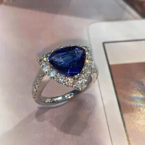 GEMLOVE Luxury Trillion-Cut Sapphire Ring - 14K/18K White Gold Bridal Engagement Ring for Women w/Gift Box
