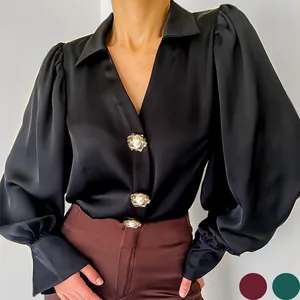 Fashion Design Lantern Sleeve Casual Loose Satin Blouse Black Women Shirt
