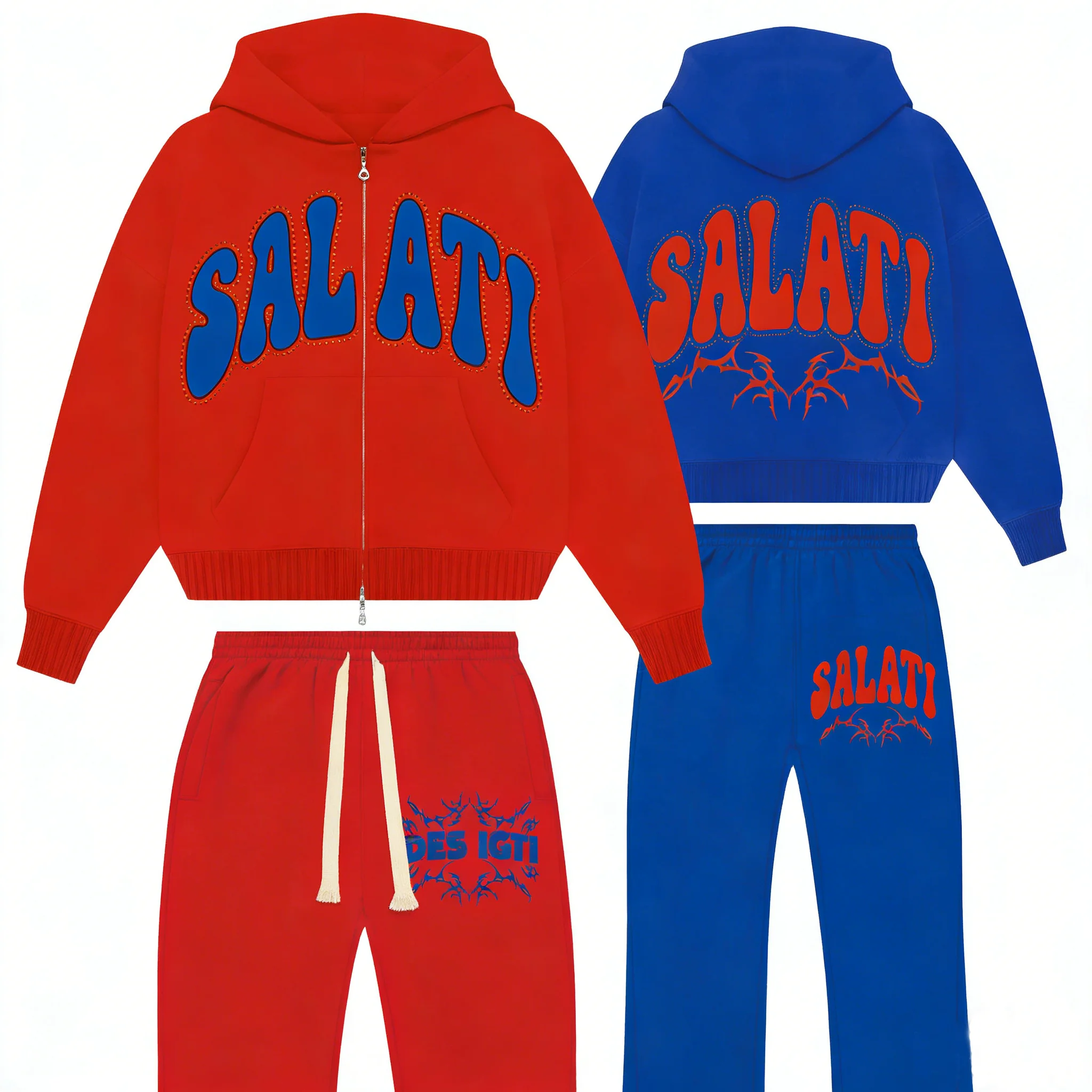 SALATI Custom Rhinestone Hoodie Men Oversized Cropped Acid Wash Zip up Distressed Vintage Sweatpants and Hoodie Set gallery 3