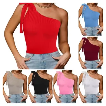2024 Women's High Waist Slim Inner T-Shirt Women's Stretch Short One Shoulder Bottom Shirt Girls Custom Crop Tank Top