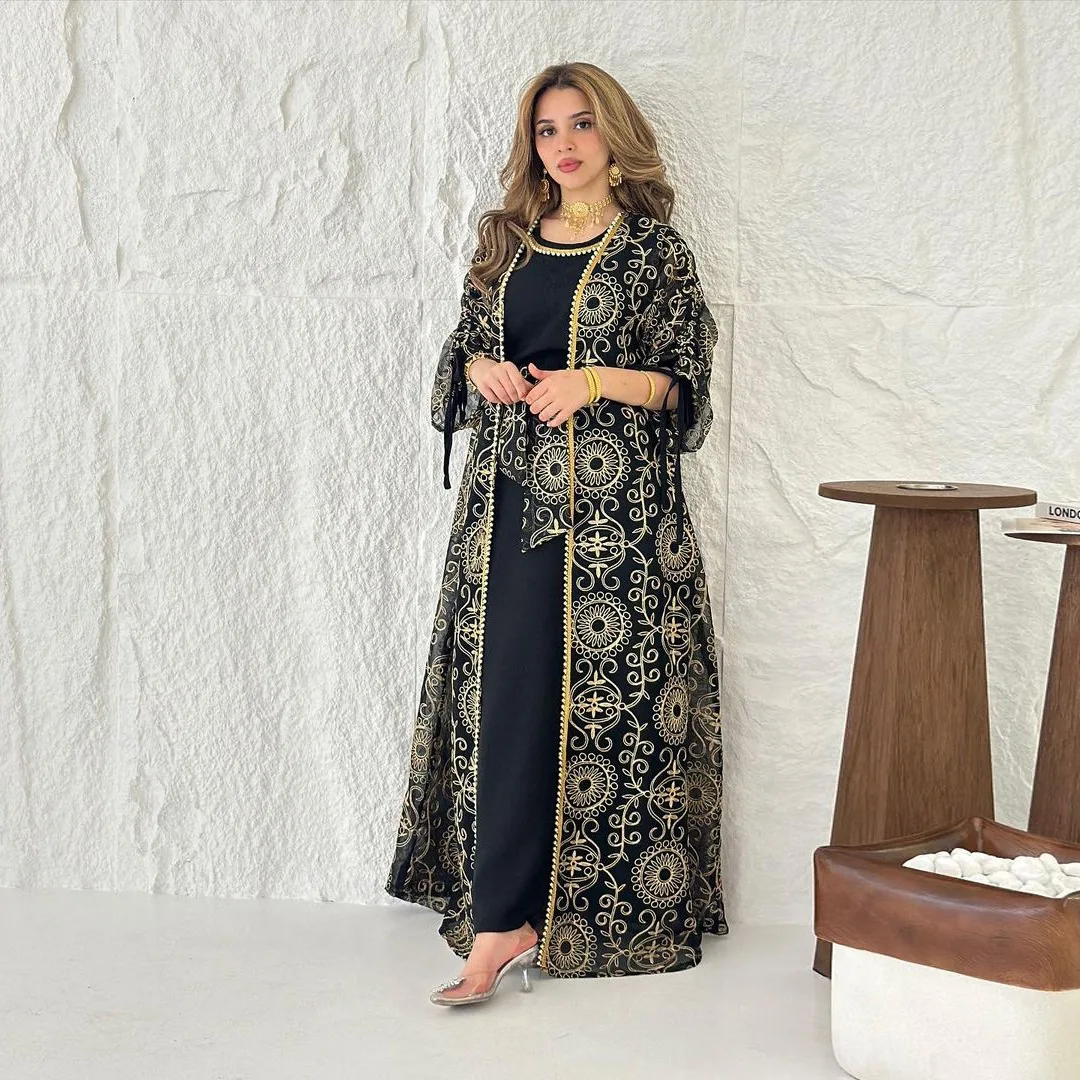 2025 Eid Ramadan Muslim Abayas for Women Dubai Party 2 Piece Sets Abaya Cardigan Robe Embroidery Lace up Dress Morocco Kaftan