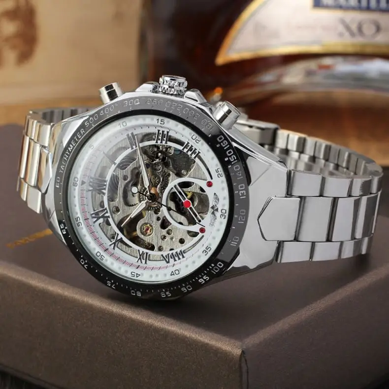WINNER 8067 Fancy Silver Men Mechanism Watch Super Steel Strap Waterproof Full Automatic Gear Advertising Watch Design