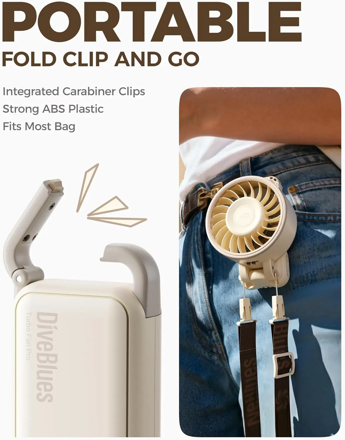 Portable Handheld Fan 7.4m/s High Speed Turbo 180 Foldable 4-in-1 Neck Fan Carabiner Clip 100 Speed Battery Powered Plastic