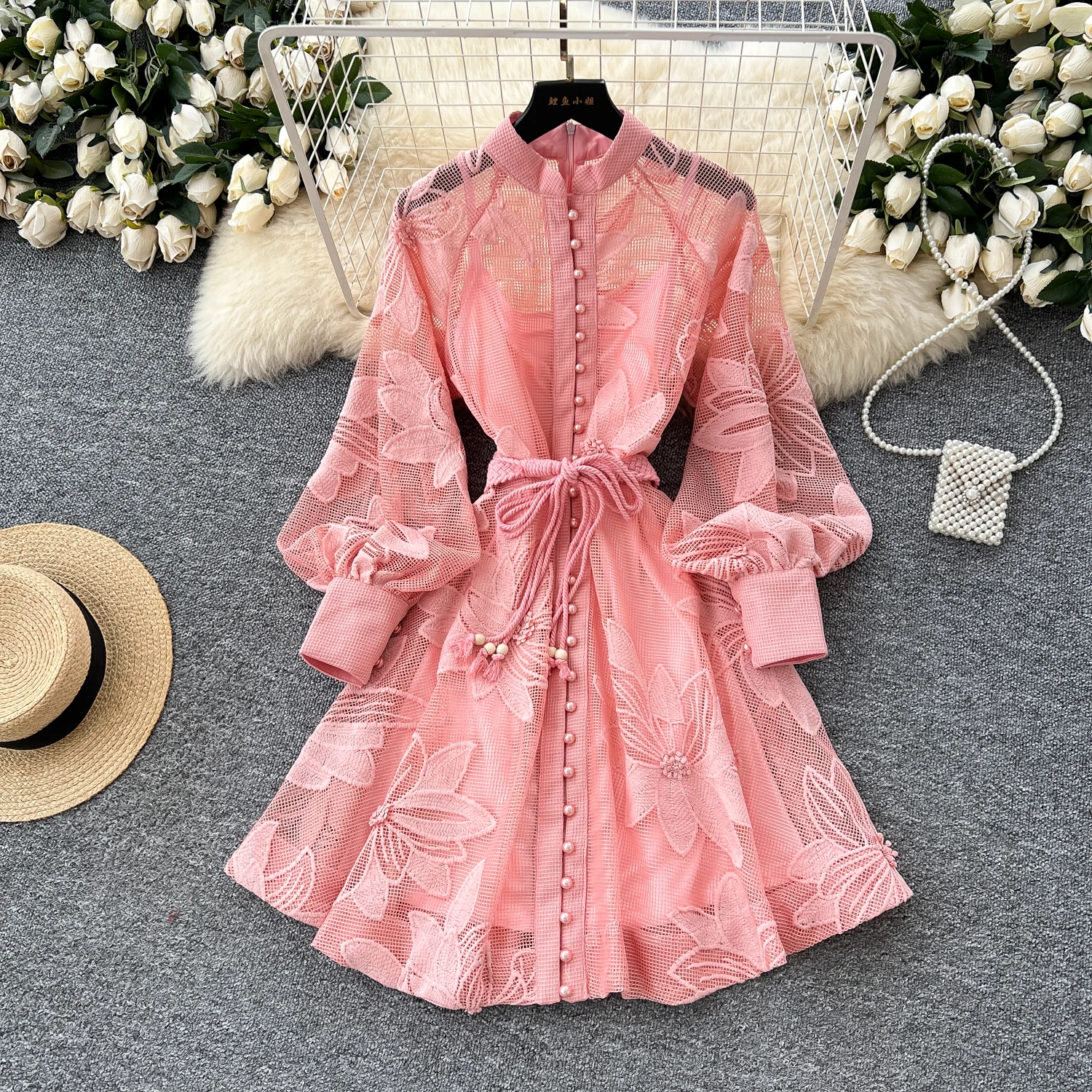 Elegant Dresses LW1425 Lace Dress With Tie-Waist Hollow-Out Embroidery  Single Button A-Line Flared Dress Clothes for Women