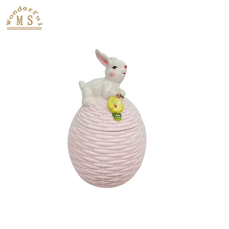 Ceramic Egg Bunny Canister Embossed Flower Rabbit Spring Kitchen Decoration