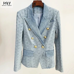 Autumn High Quality Fashionable Denim Casual Long Sleeved Printed Suit Jacket Elegant Double-breasted Women's Blazer