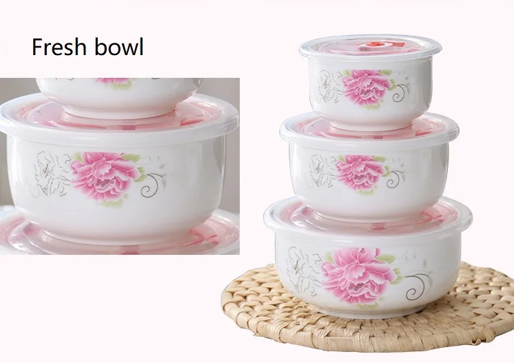 KC-00666 ceramic serving bowls with plastic lid,porcelain fresh seal bowls.