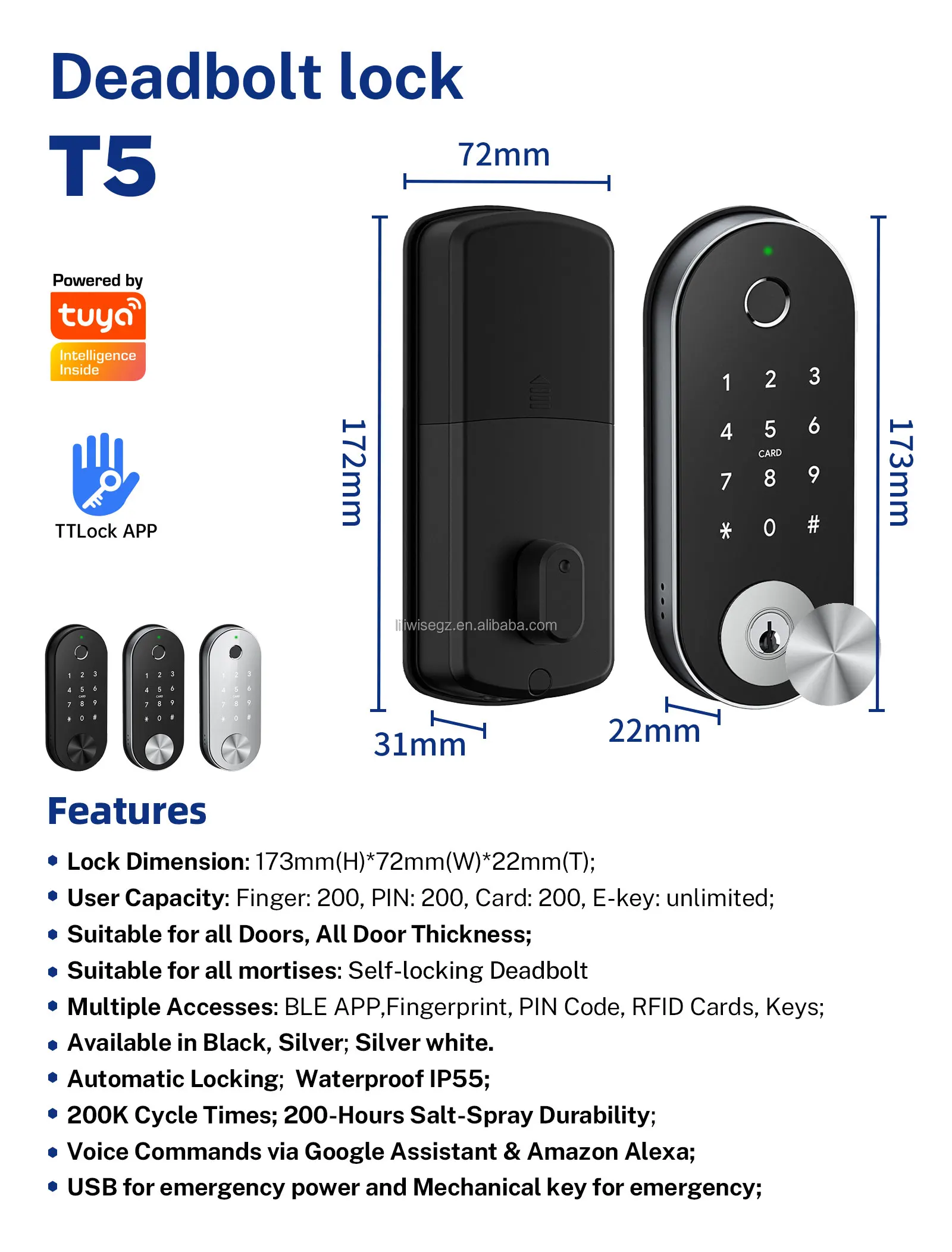 Liliwise Smart Door Lock with 6V Battery 35~55mm Door Thickness and 200 Fingerprint Capacity Auto Deadbolt Electronic Door Lock 12