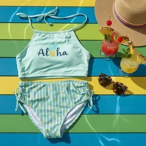 UPF50+ OEM Customizable Mint Green Pineapple Striped Print Girls' Halter Two-Piece Swimsuit Quick Dry Breathable Swimwear