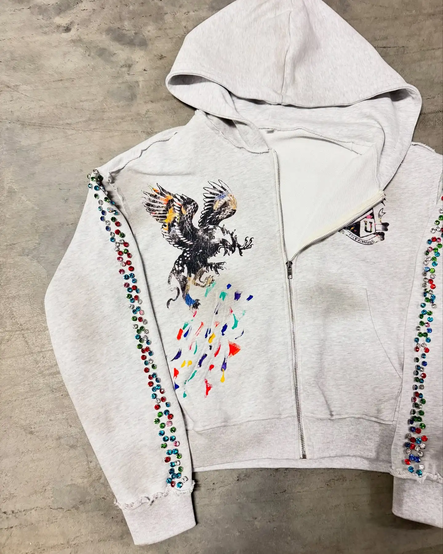 500g DTG Printing Oversized Men's Hoodie with Custom Rivet Zipper and Acid Wash Rhinestones 100% Cotton Breathable Quick Dry gallery 7