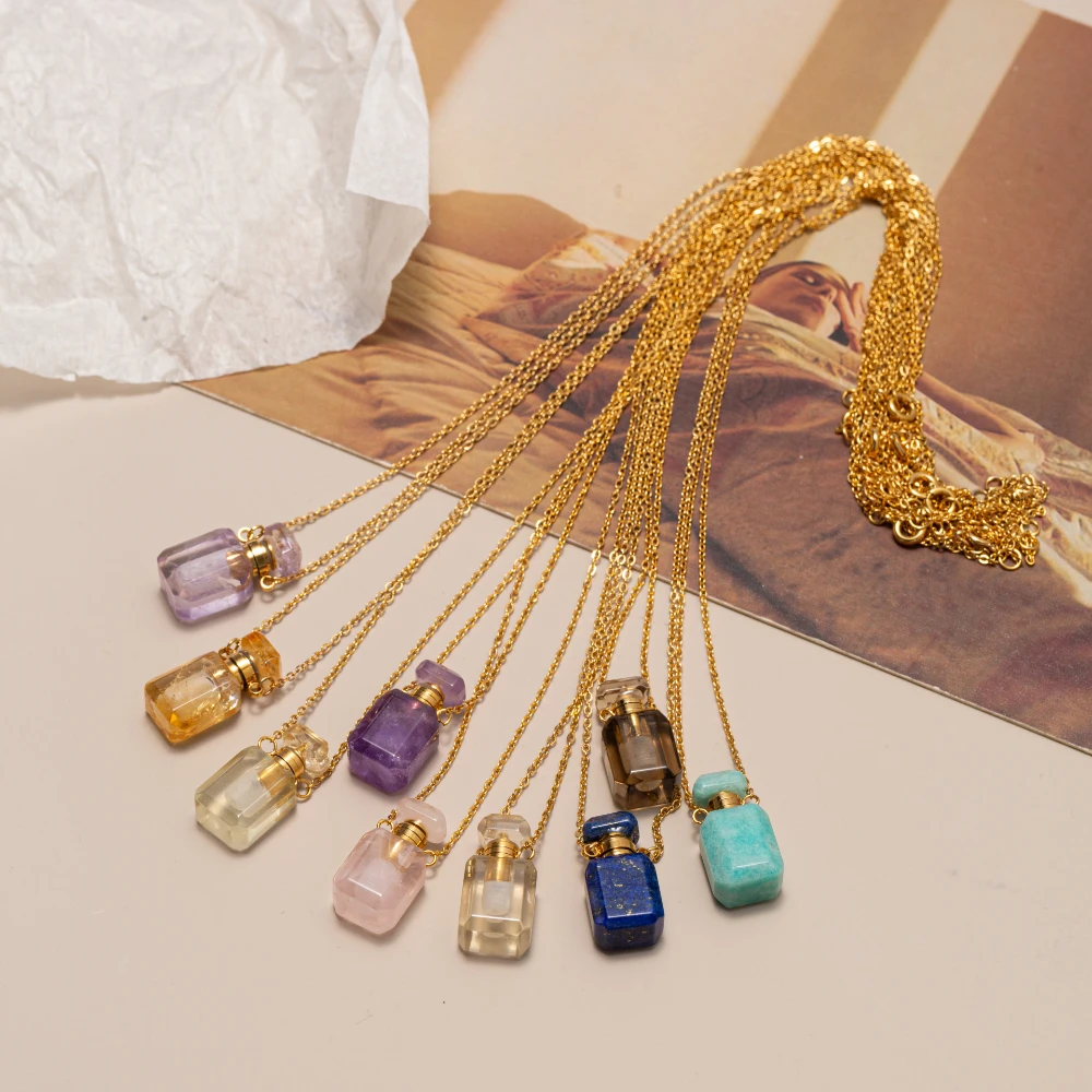 Pendentif Bouteille De Parfum Améthyste Naturelle - Kit Collier Diffuseur Huiles Essentielles DIY