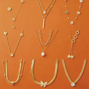 MW Fashion Fine Women's 18k Gold Plated Stainless Steel Jewelry Drop Zircon Pearl Flowers Layered Necklaces Making Supplies