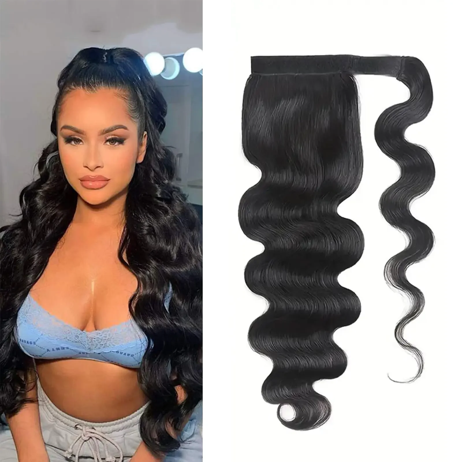 Extension de cheveux brésiliens Remy Body Wave à clipser en queue de cheval_voghion.com