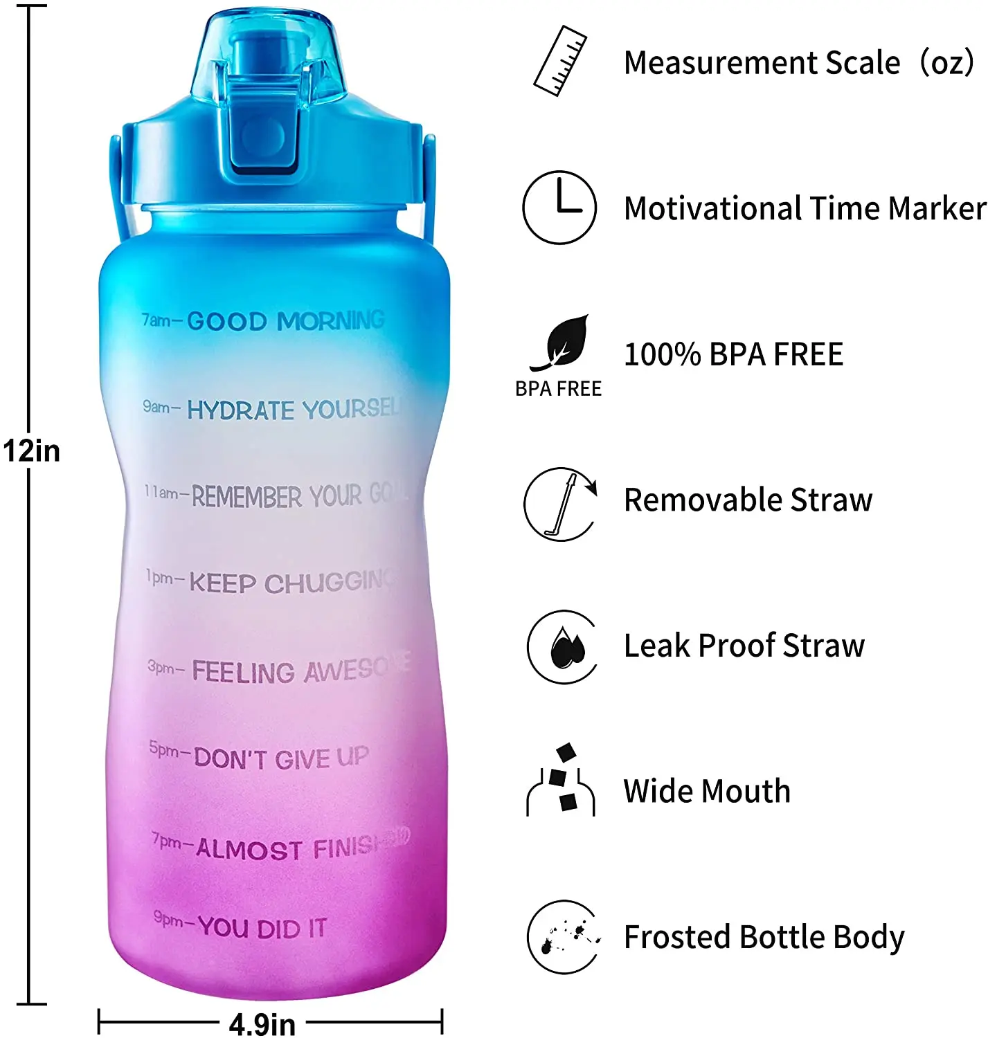 Ensure You Drink Enough Water for Fitness Clear Gray Gym Leak-Proof Tritan BPA-Free Outdoor Sports EYQ Half Gallon/64 oz Water Bottle with Time Marker Carry Strap and Motivational Quote 