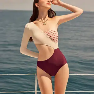 Women's New Cut-Out Triangle One-Piece Swimsuit with Sexy Color Blocking Europe and United States Patchwork Pattern