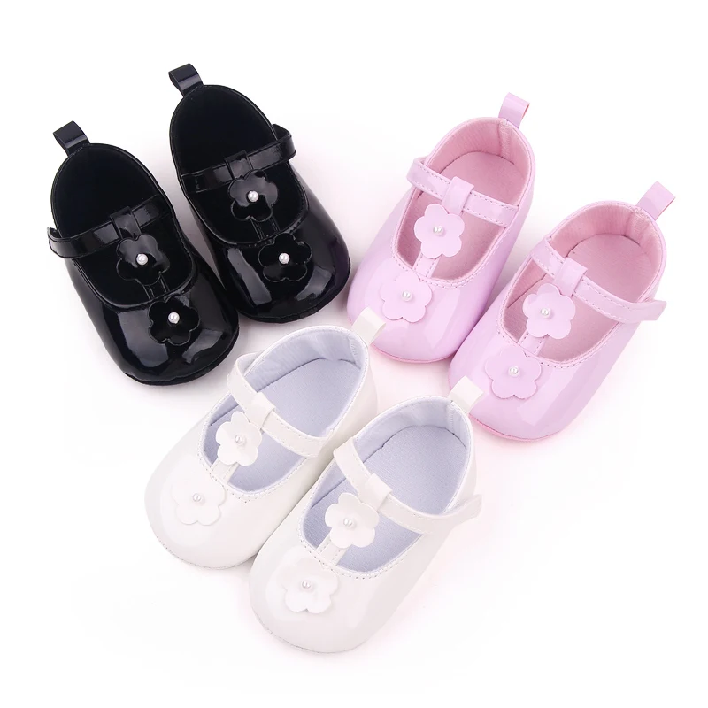 Soft Soled Princess Small Leather Shoes for Baby Girls with Flowers in Solid Color Leather
