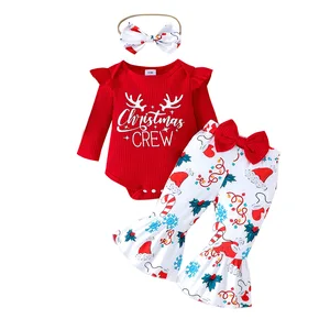 Wholesale Baby Clothing Sets Cotton Polyester Christmas Pattern Long Sleeve Romper Trousers Hairband Fashion Style for Autumn