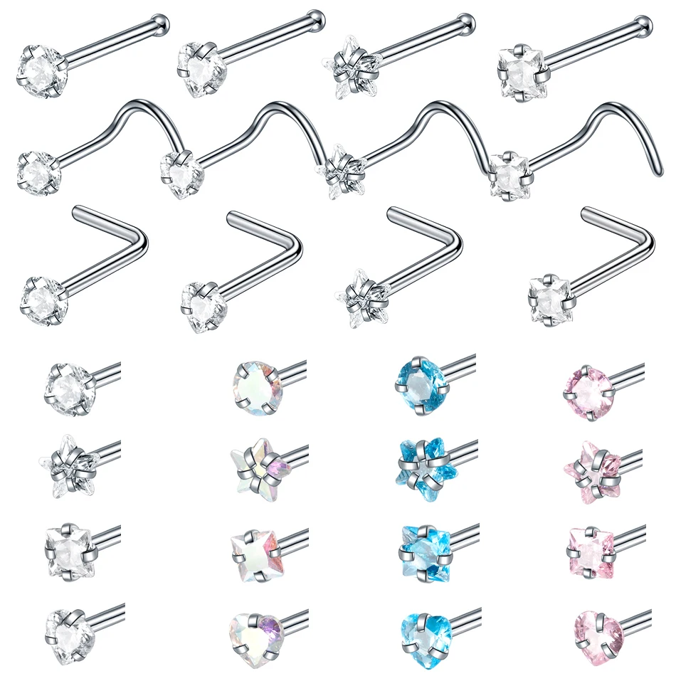 316l Surgical Steel Nose Piercing Heart Star Prong Cz Nose Screw Stud