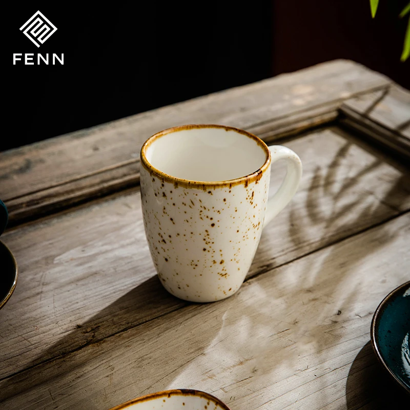 product fenn factory manufacture oem odm custom 400ml rustic spray glaze porcelain mug cups white vintage style speckled coffee mug-57