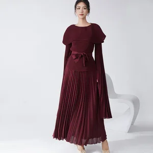 2024 Vintage New Casual Pleated Irregular Long Sleeve Loose Lace-Up Midi-Length Skirt Two-Piece Set Maxi-Length Featuring