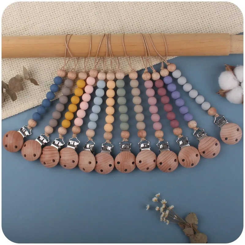 Beech Wooden Dummy Pacifier Clip Baby Silicone Beads Soother Chain Holder Toys 