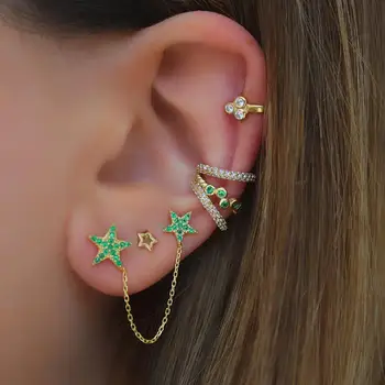 1 piece Double piercing micro pave colorful cz star 2 stud earring 2 star with chain fashion jewelry