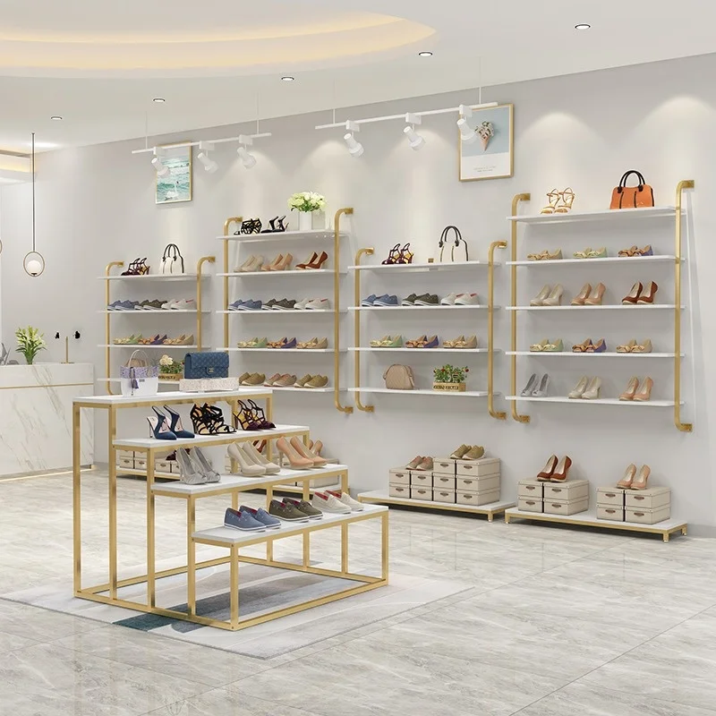 Boutique Gold Shoes Display Shelf Shoesa and Bag Showroom Design