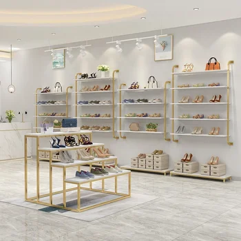 Boutique Gold Shoes Display Shelf Shoesa and Bag Showroom Design