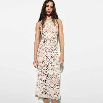 2025 Latest Hollow Design Straight Cotton Blended Round Neck Sleeveless Open Waist Crochet Cotton Long Dress