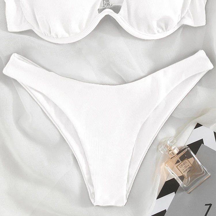 Multicolor Optional Sexy Triangle Ladies Two Piece Swimsuit Solid Color One Shoulder Underwire Bikini Wholesale