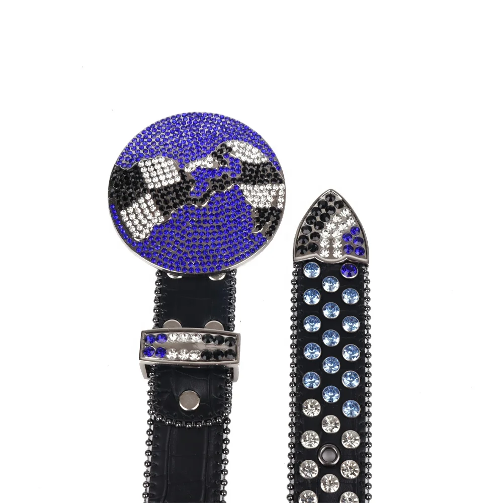 TENGMEI Cool Bling Black and Blue Rhinestone Belt Men Women Big Round Buckle World