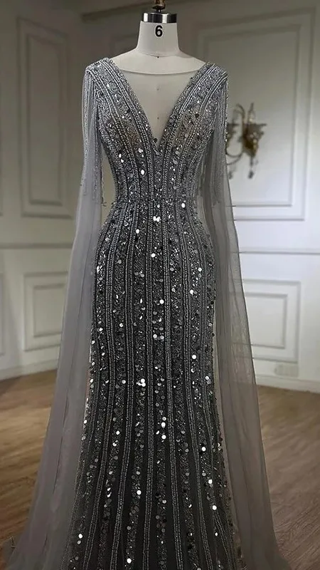 Serene Hill Arabic Gray Mermaid Elegant Cape Sleeves Luxury Beaded ...